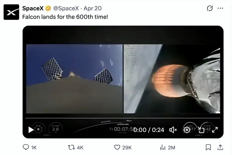 SpaceX猎鹰火箭600次回收完成!星链卫星在轨10279颗